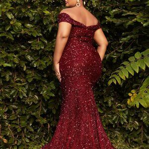 PLUS SIZE PROM PARTY OFF SHOULDER EVENING OFF THE SHOULDER SEQUIN GOWN cd975
